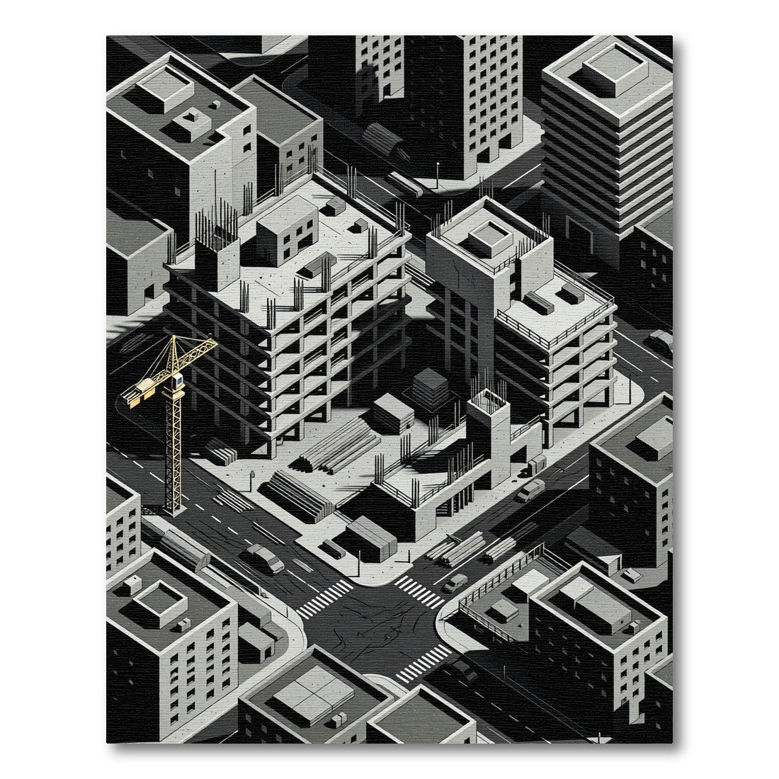 Monochromatic Isometric Cityscape Construction Rug