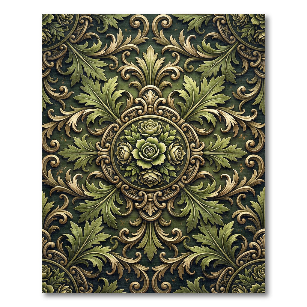 Elegant Olive Floral Damask Medallion Rug