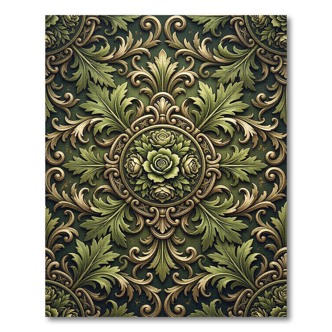 Elegant Olive Floral Damask Medallion Rug