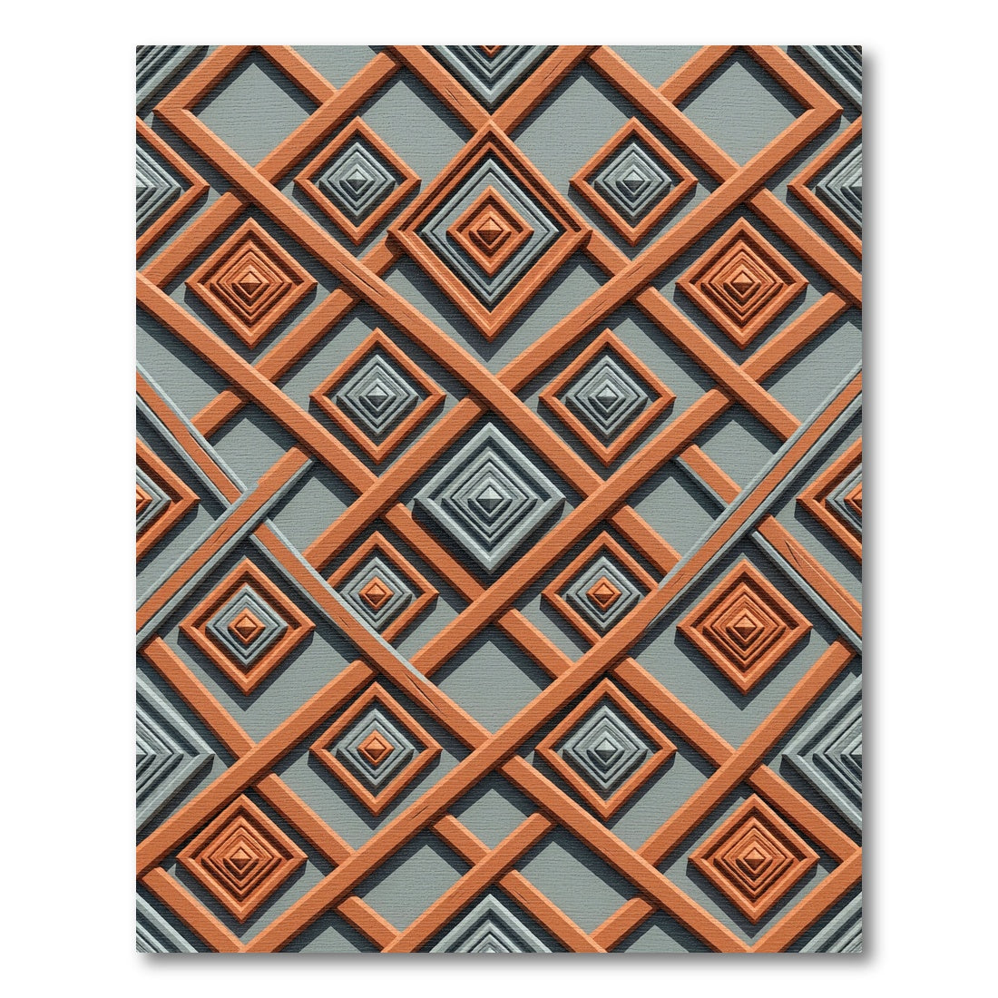 Orange Gray Geometric Diamond Lattice Rug