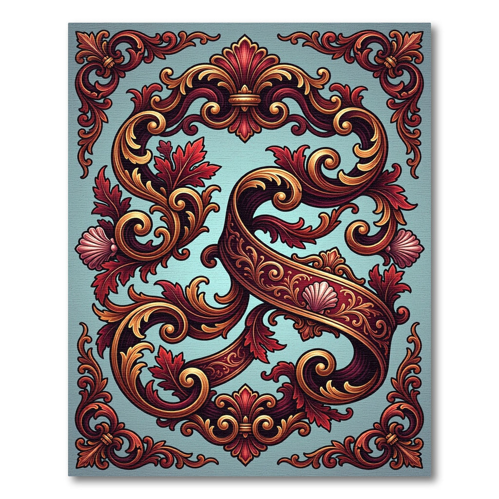 Ornate Burgundy Gold Scrollwork Swirl Rug