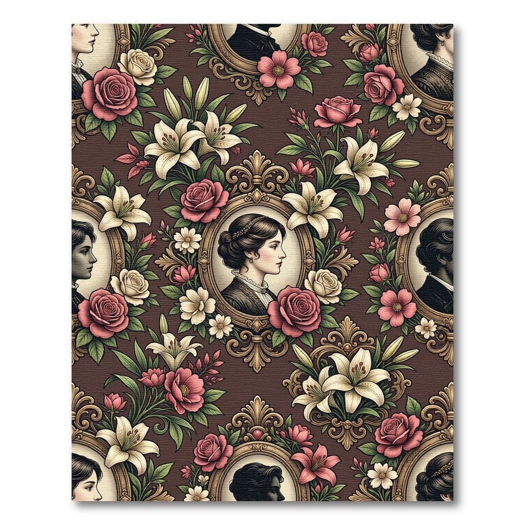 Victorian Cameo Portrait Floral Rose Lily Rug