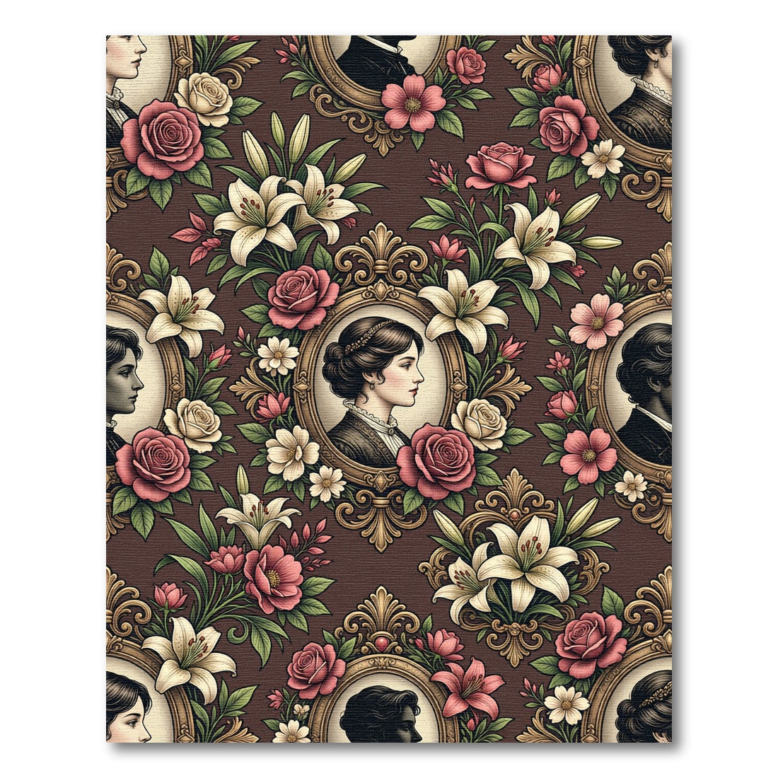 Victorian Cameo Portrait Floral Rose Lily Rug