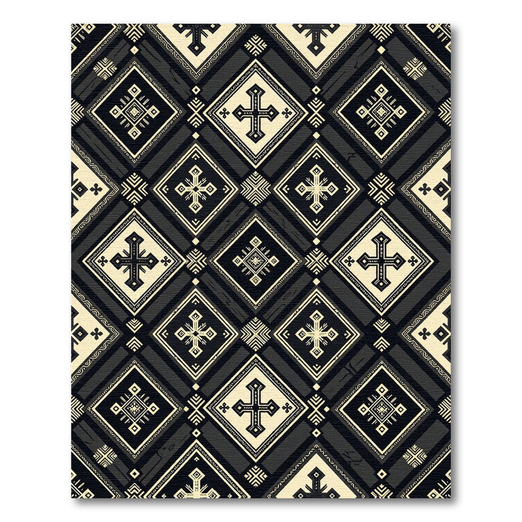 Monochromatic Black Beige Cross Geometric Medallion Rug
