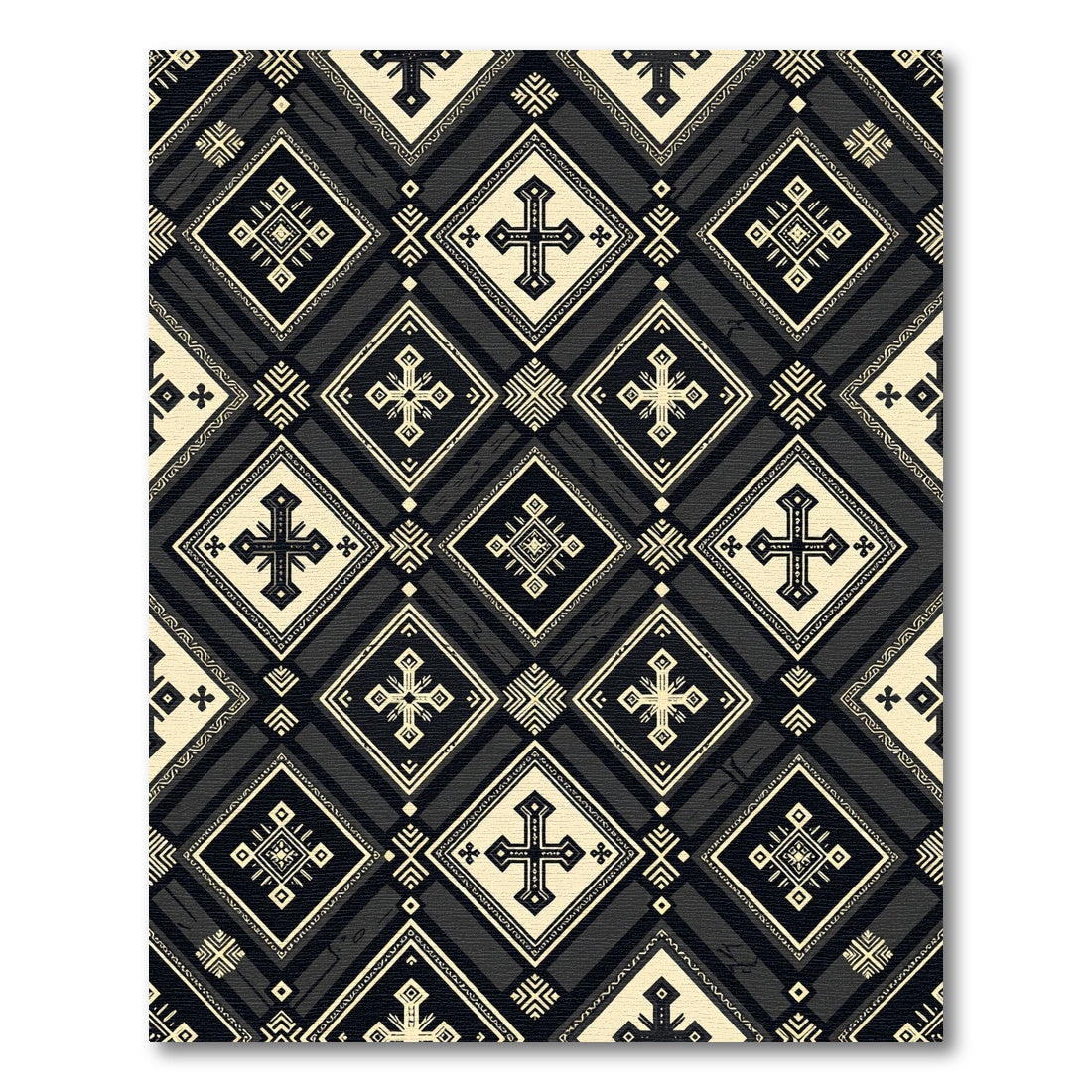 Monochromatic Black Beige Cross Geometric Medallion Rug