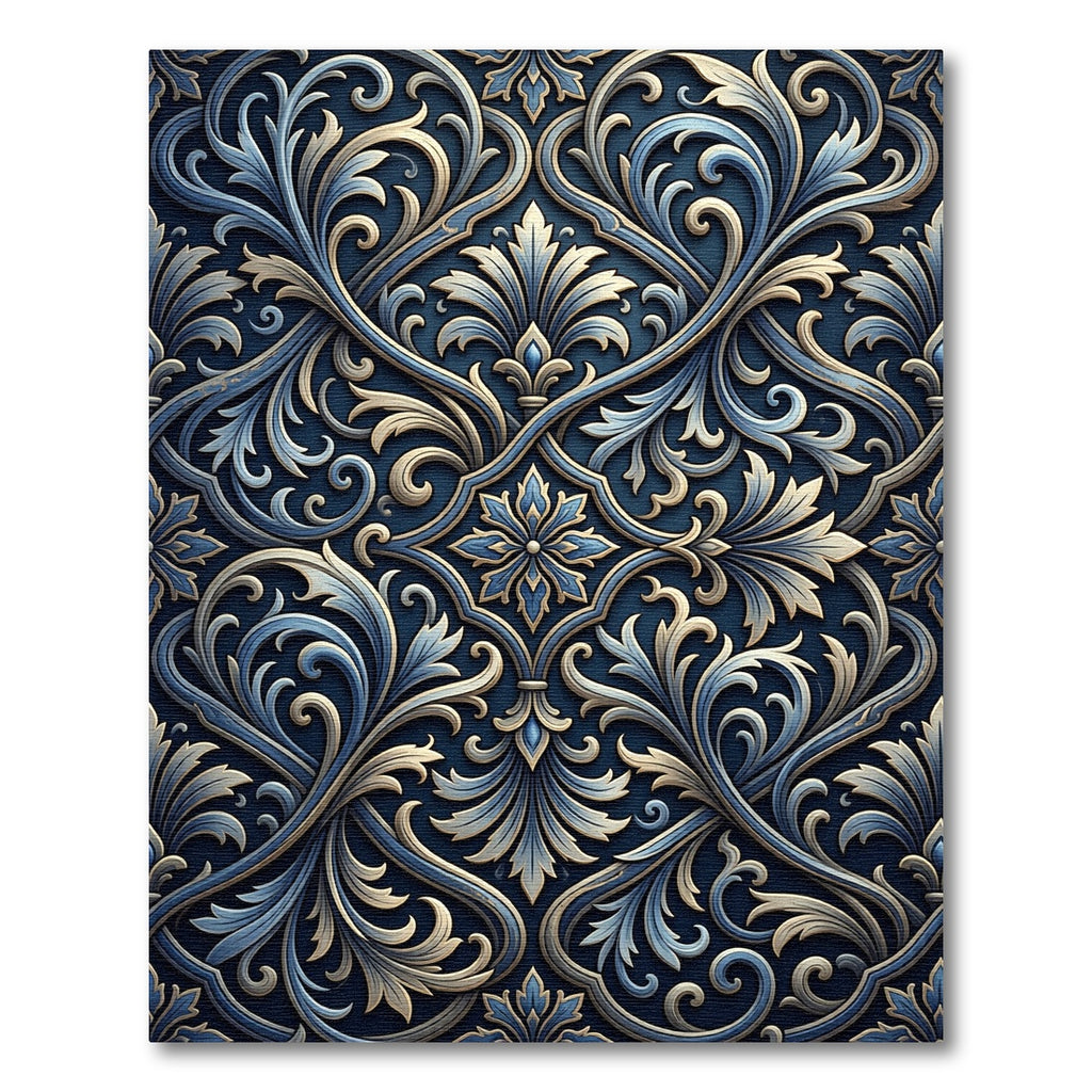 Elegant Blue Gold Ornate Damask Rug