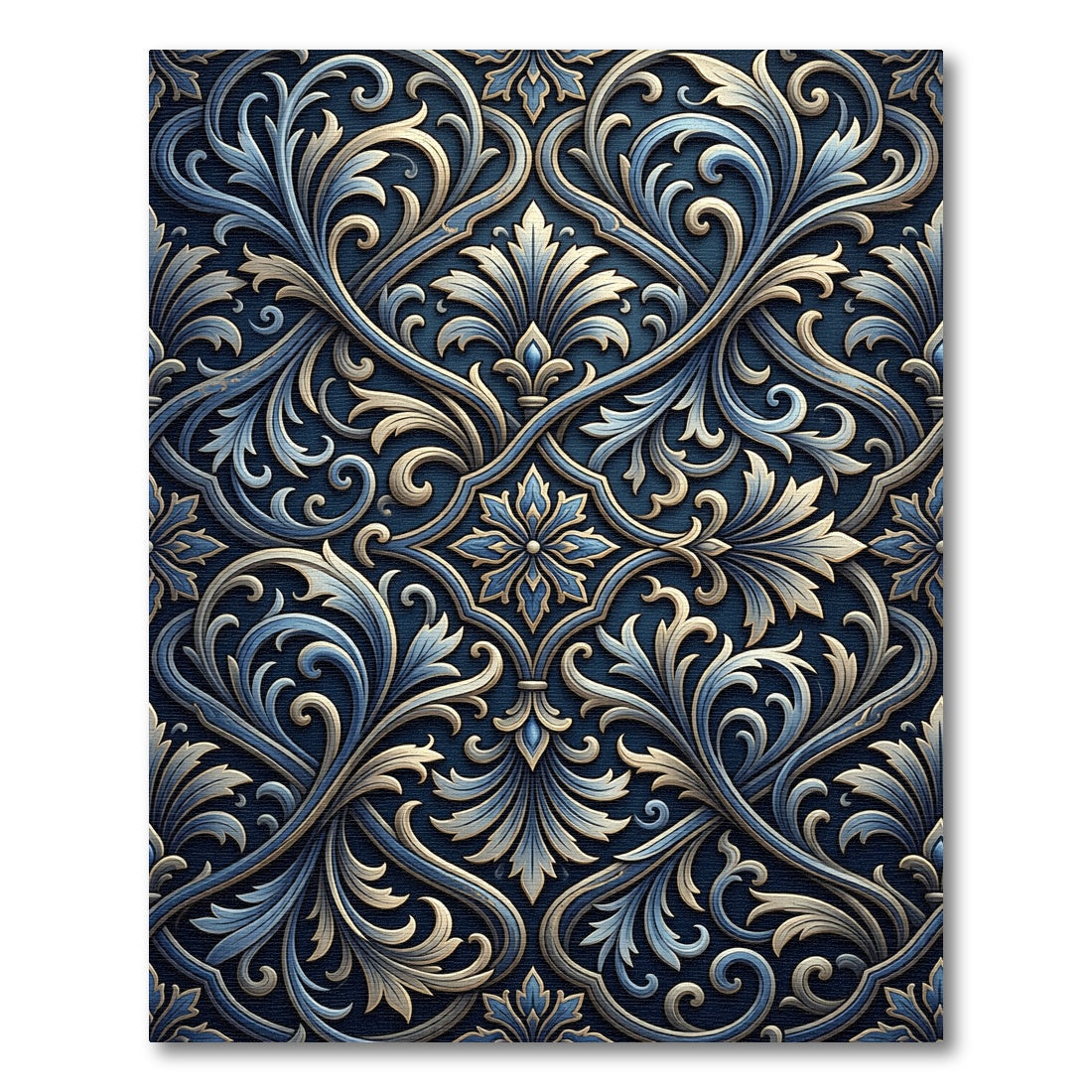 Elegant Blue Gold Ornate Damask Rug