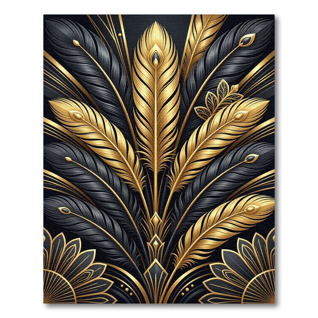 Elegant Black Gold Feather Radiance Rug