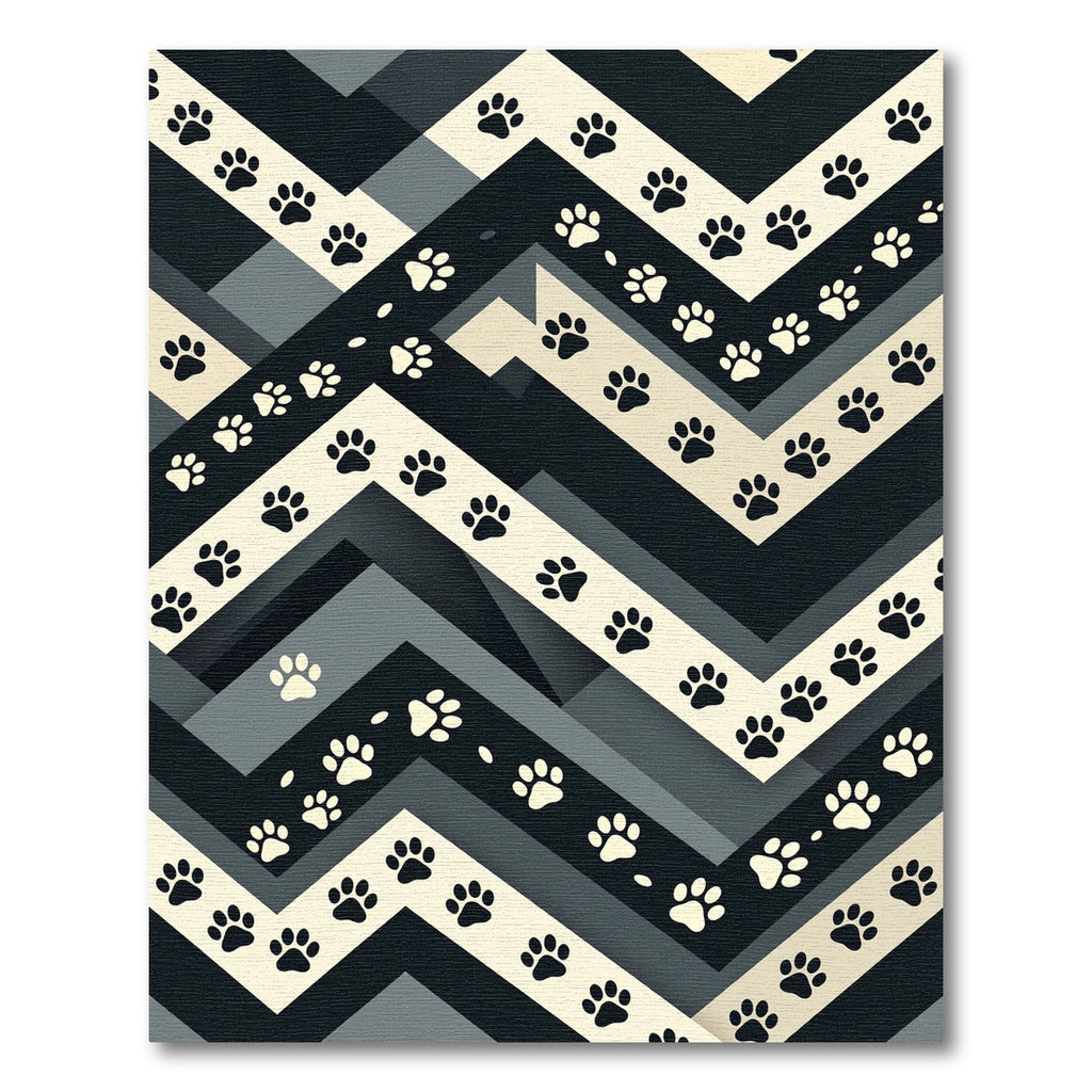Monochrome Paw Print Chevron Geometric Rug