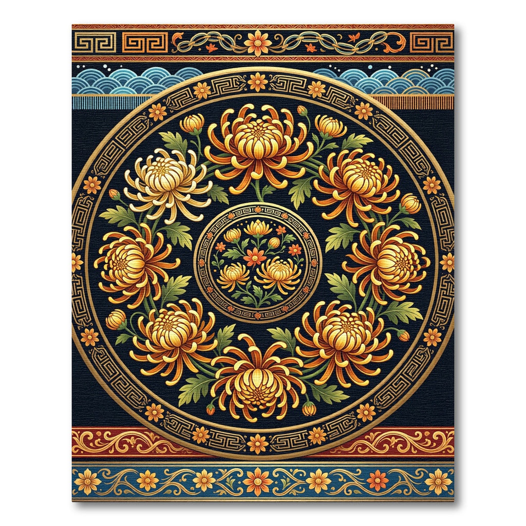 Golden Chrysanthemum Medallion Circular Black Accent Rug