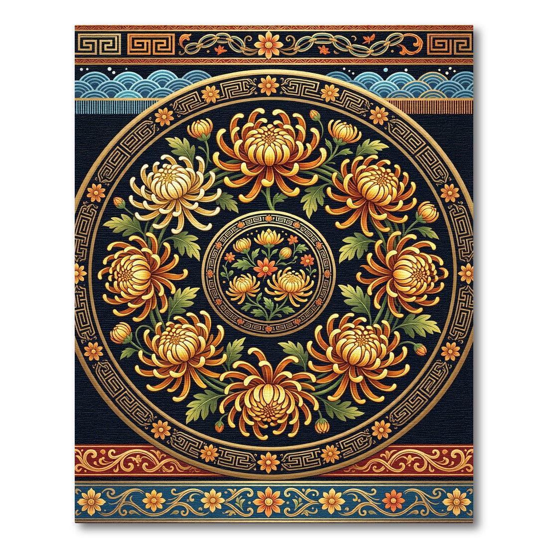 Golden Chrysanthemum Medallion Circular Black Accent Rug