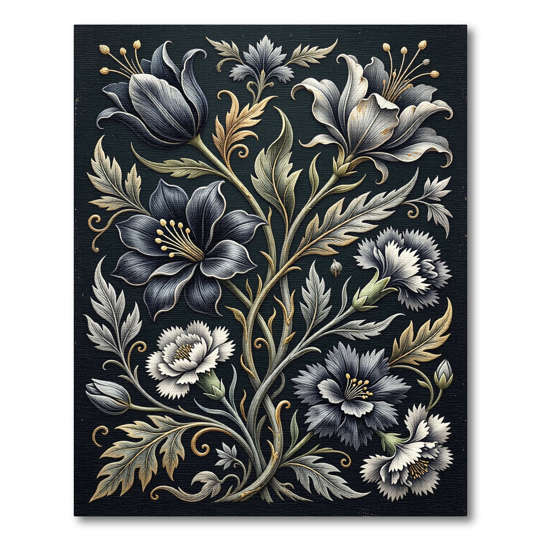 Dark Floral Scroll Gold Accents Rug