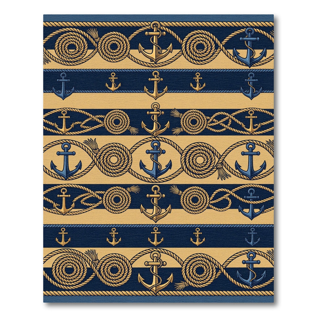 Nautical Navy Gold Anchor Rope Border Rug