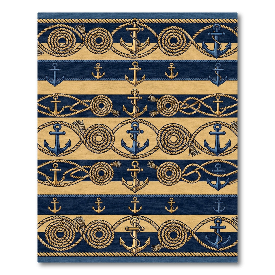 Nautical Navy Gold Anchor Rope Border Rug