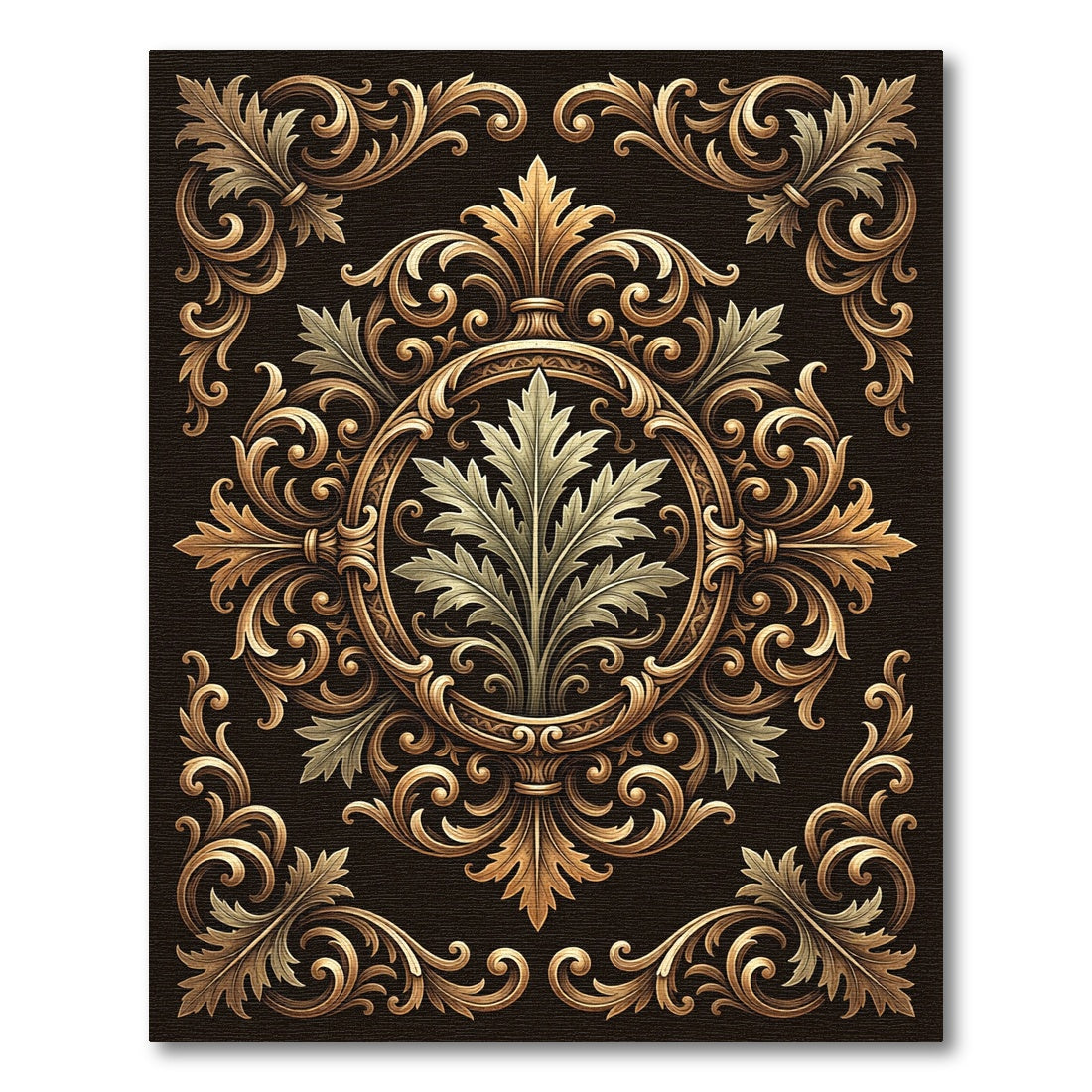 Ornate Gold Scroll Acanthus Medallion Rug