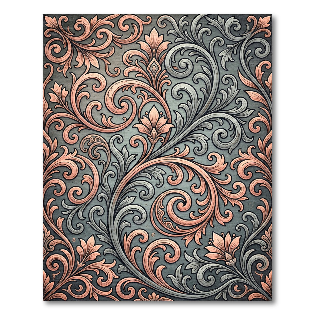 Ornate Coral And Grey Floral Scroll Rug