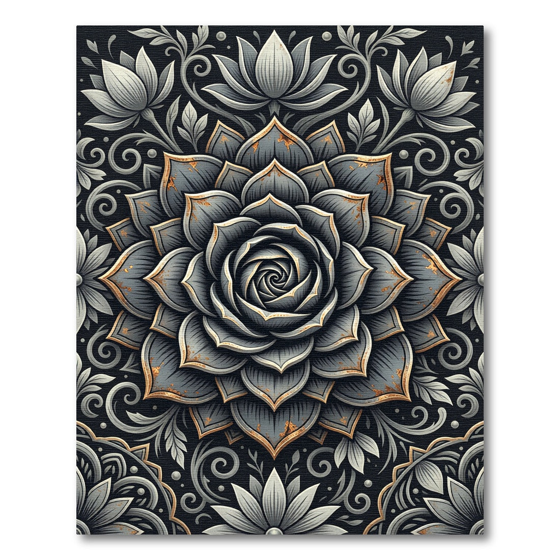 Elegant Gray Lotus Floral Medallion Rug