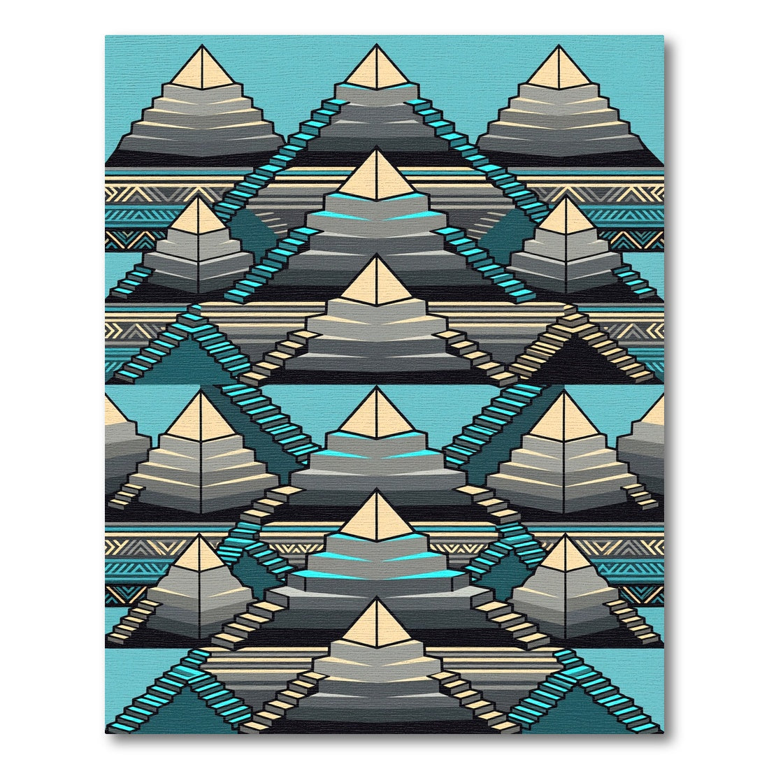 Geometric Aztec Teal Staircase Pyramid Rug