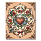 Vintage Rose Heart Birds Key Scallop Rug