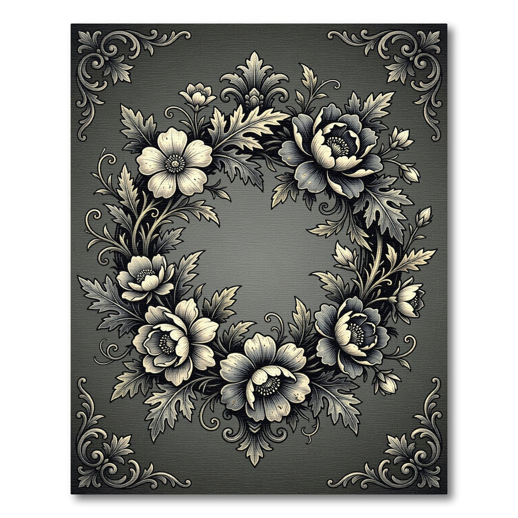 Ornate Black And White Floral Wreath Rug