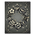 Ornate Black And White Floral Wreath Rug