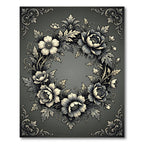 Ornate Black And White Floral Wreath Rug