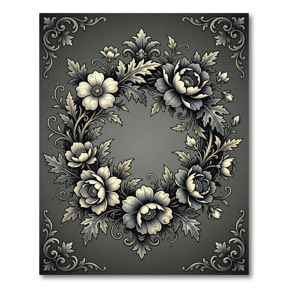 Ornate Black And White Floral Wreath Rug