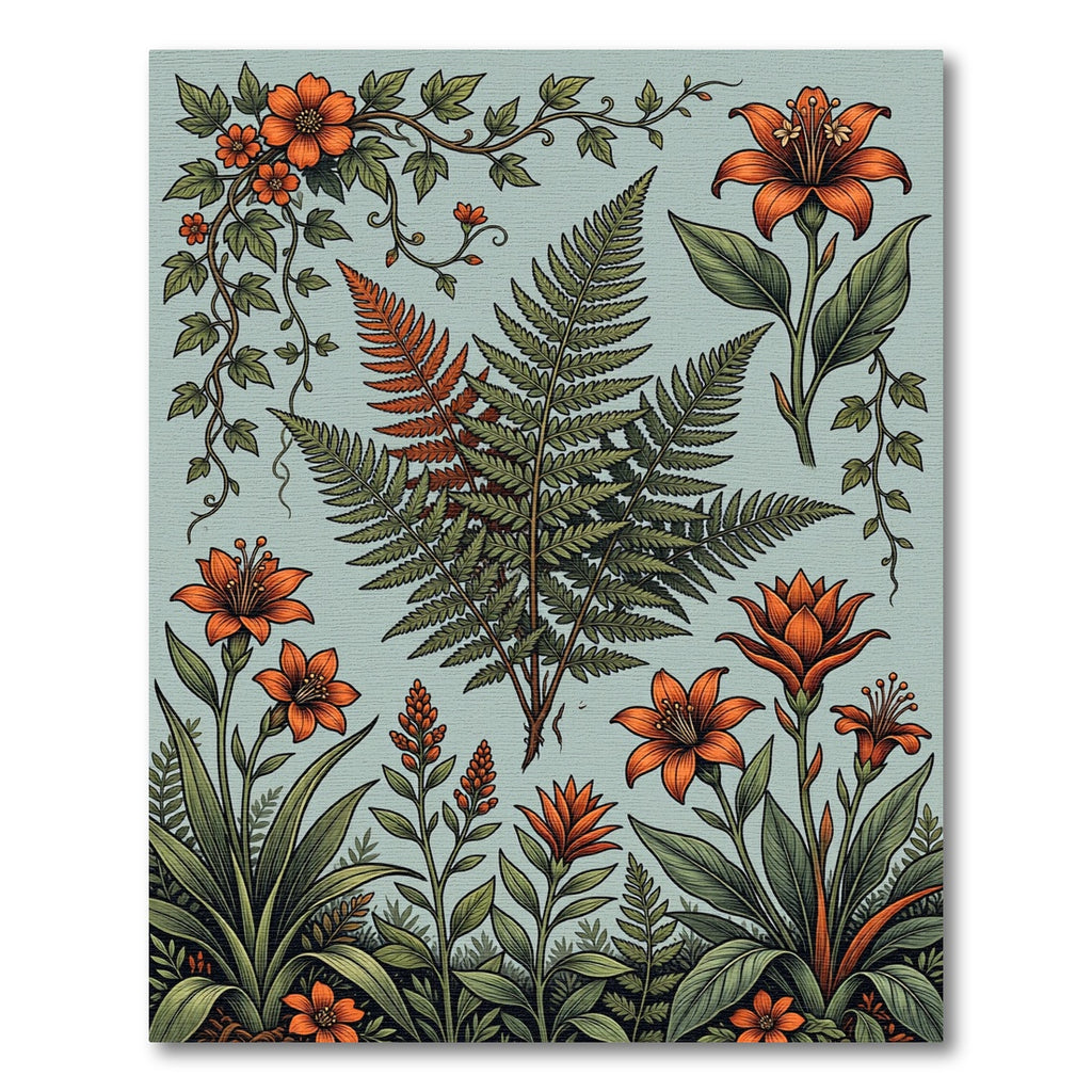 Orange Botanical Fern and Lily Meadow Rug