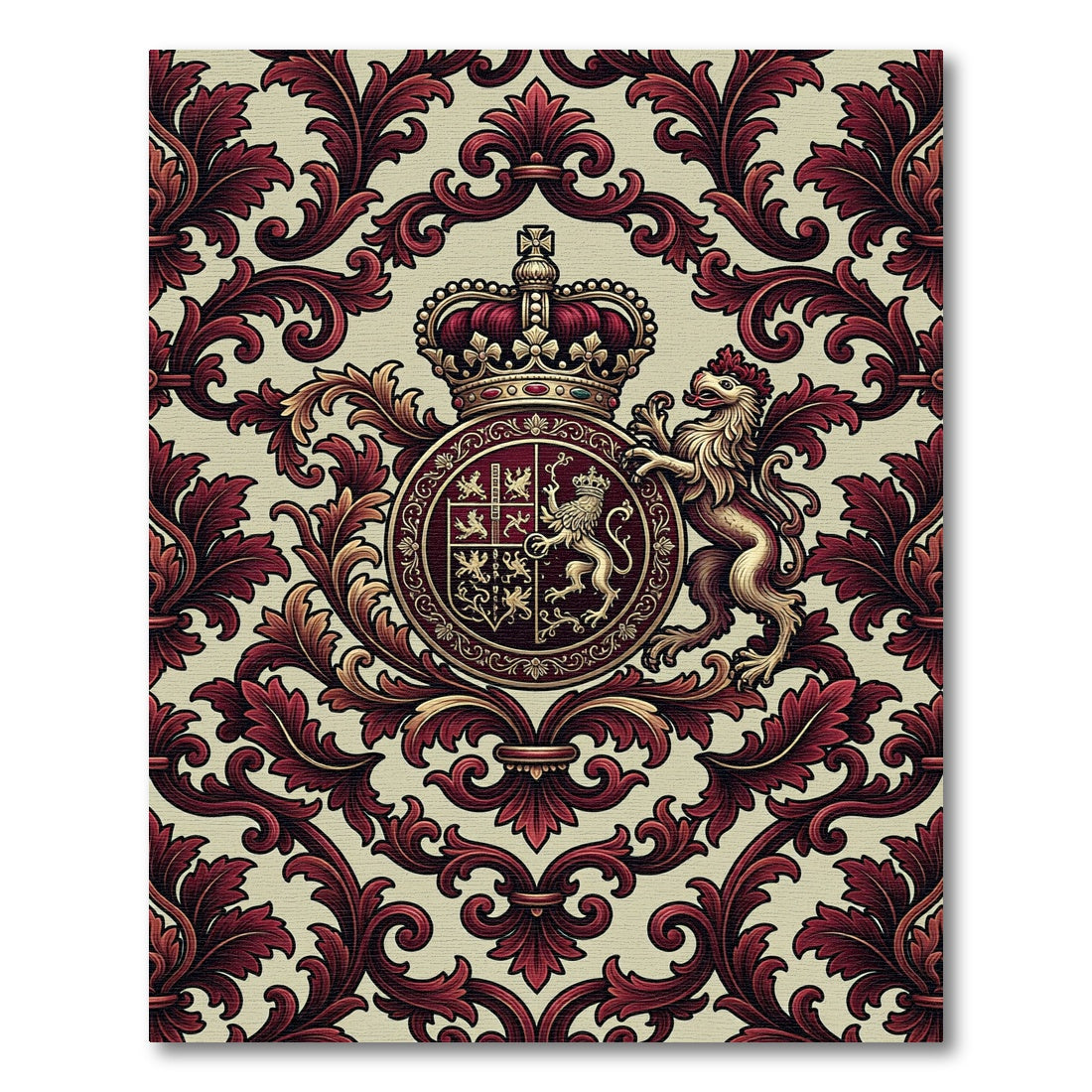 Regal Crimson Lion Damask Medallion Rug