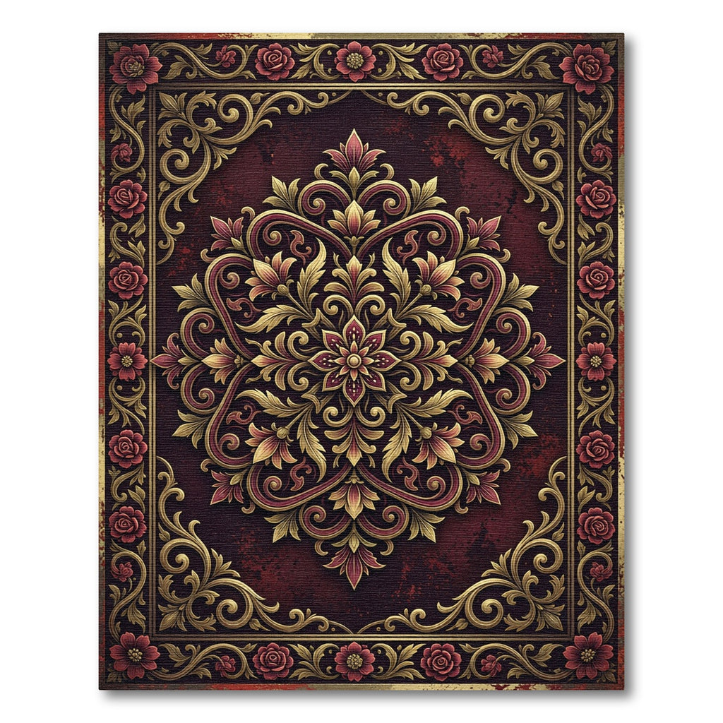 Ornate Burgundy Floral Medallion Gold Filigree Rug