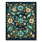 Teal Floral Ribbon Botanical Art Rug
