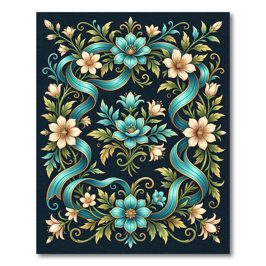 Teal Floral Ribbon Botanical Art Rug