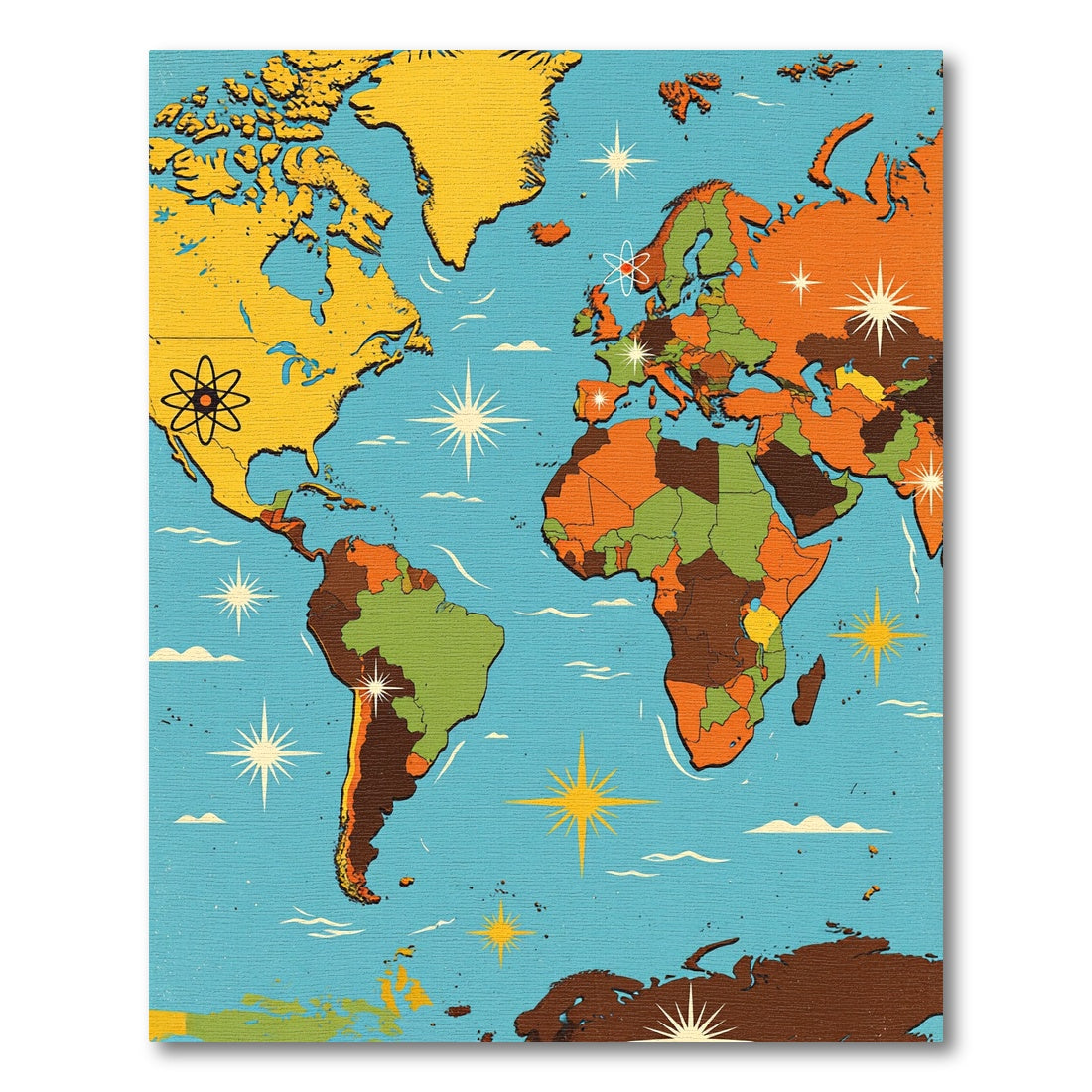 Retro Atomic Era Celestial World Map Rug