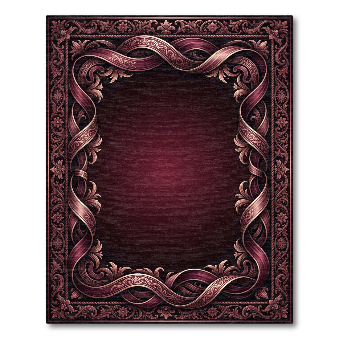 Ornate Burgundy Ribbon Scroll Border Rug