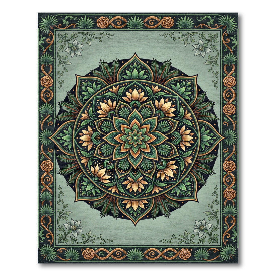 Sage Botanical Floral Medallion Garden Rug