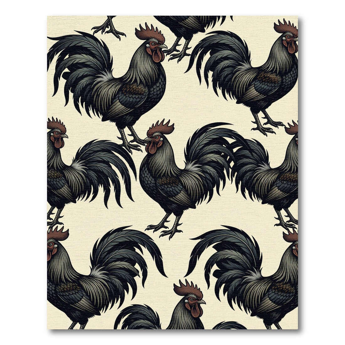 Gothic Charcoal Rooster Folk Art Rug