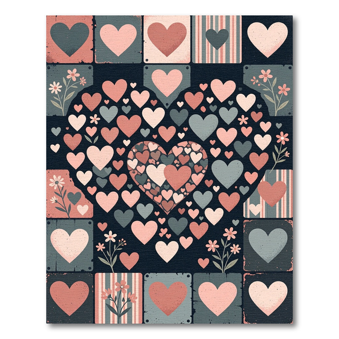 Retro Hearts Floral Tile Composition Rug