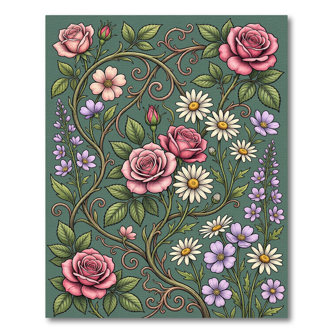 Vintage Botanical Rose and Daisy Garden Rug
