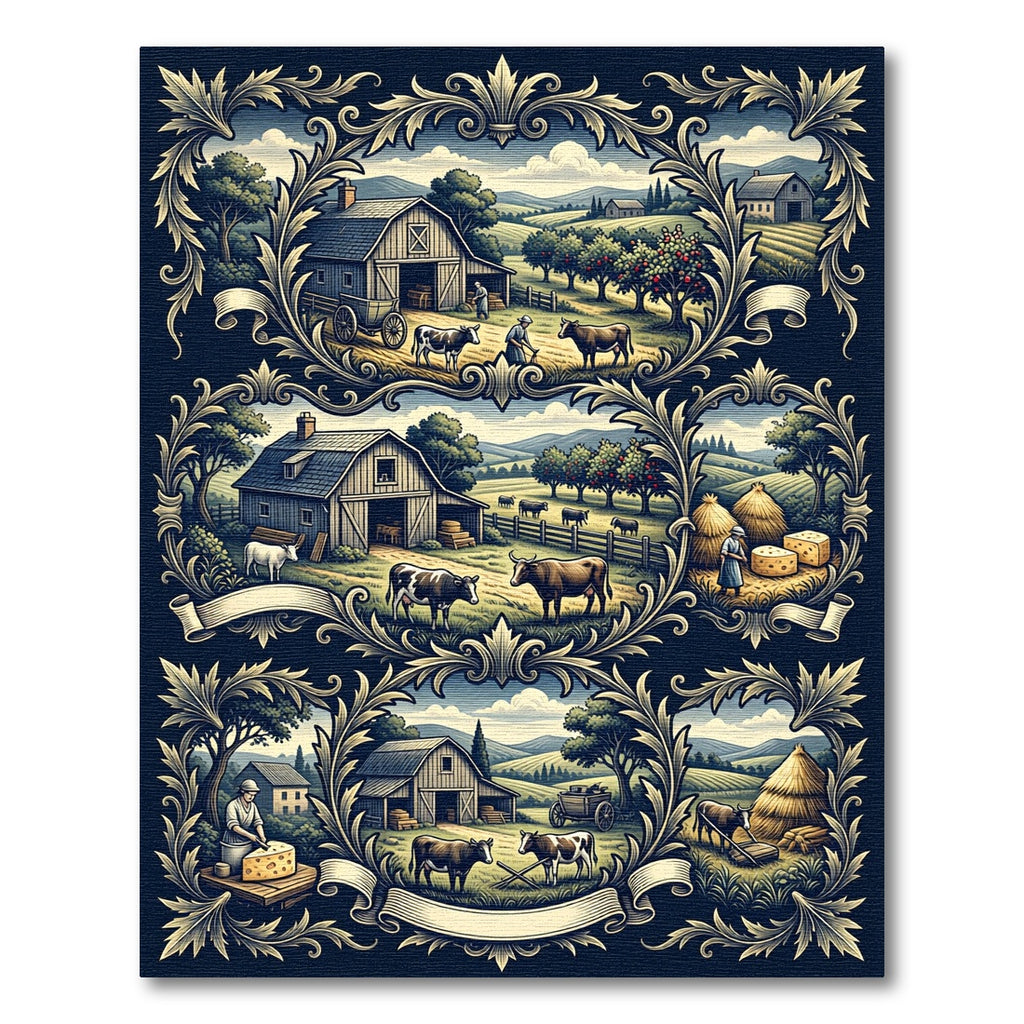 Vintage Farm Scene Barn Cows Countryside Rug