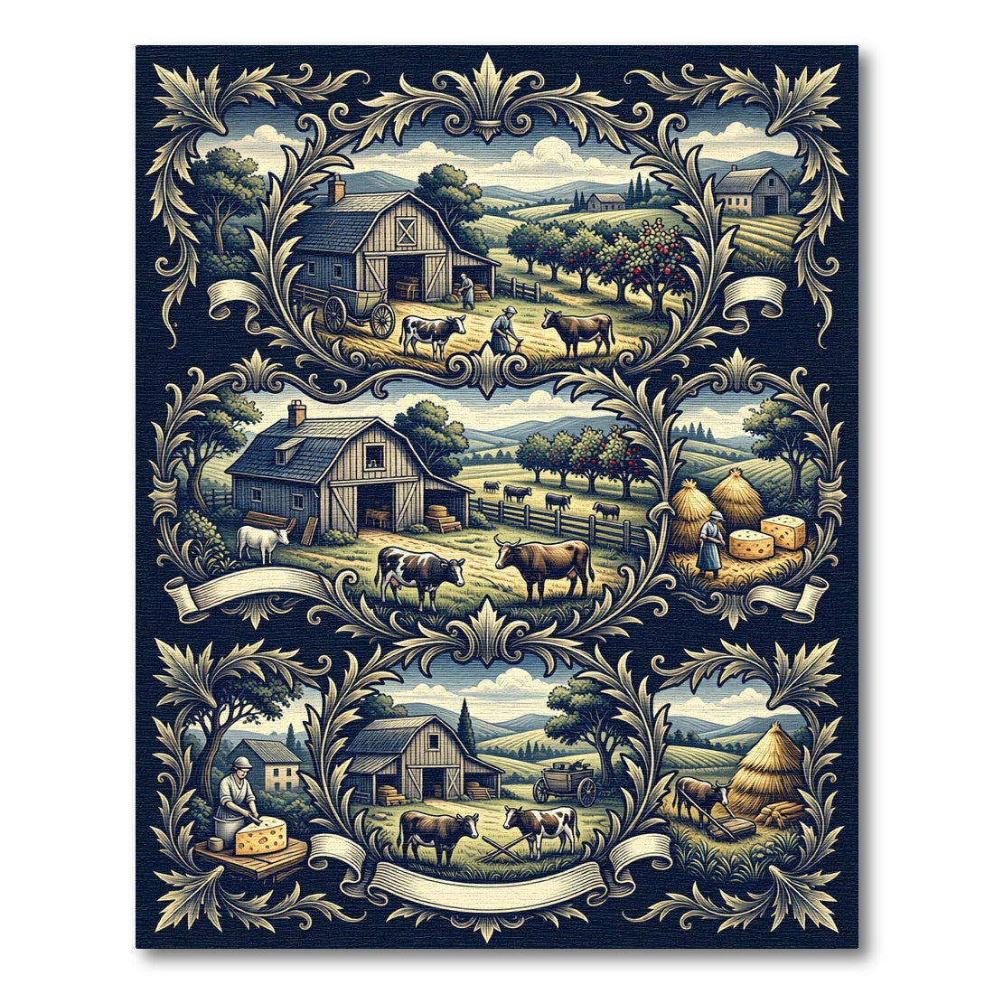 Vintage Farm Scene Barn Cows Countryside Rug