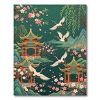 Emerald Asian Crane and Cherry Blossom Rug