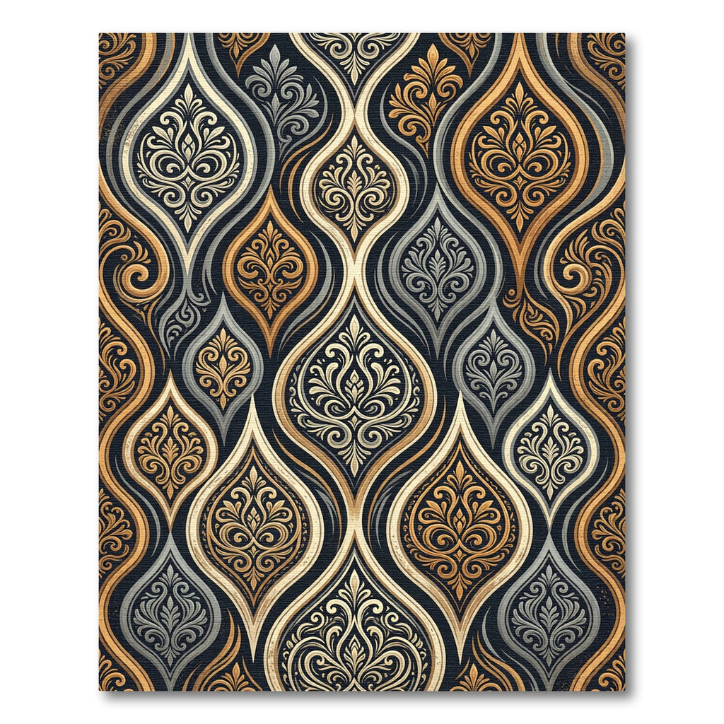 Elegant Gold and Charcoal Filigree Damask Rug