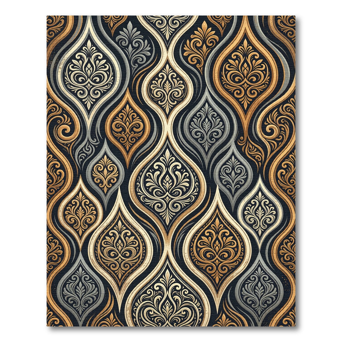Elegant Gold and Charcoal Filigree Damask Rug