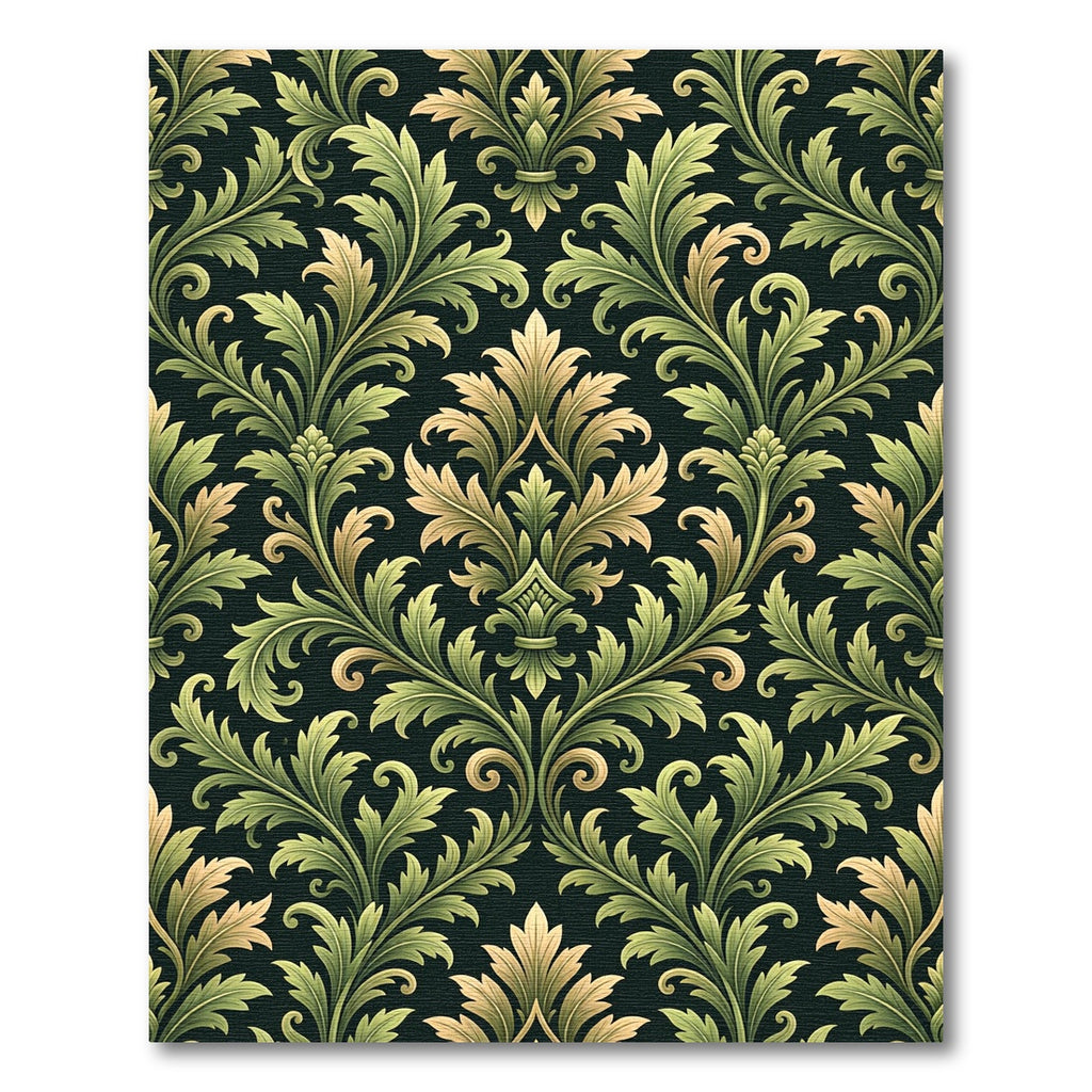 Damask Green Gold Leaf Scrollwork Rug