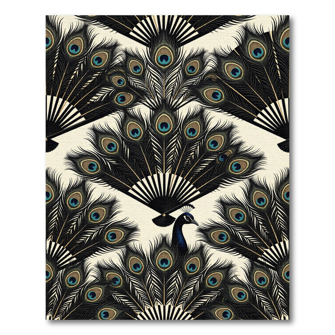 Elegant Black Peacock Feather Fan Rug