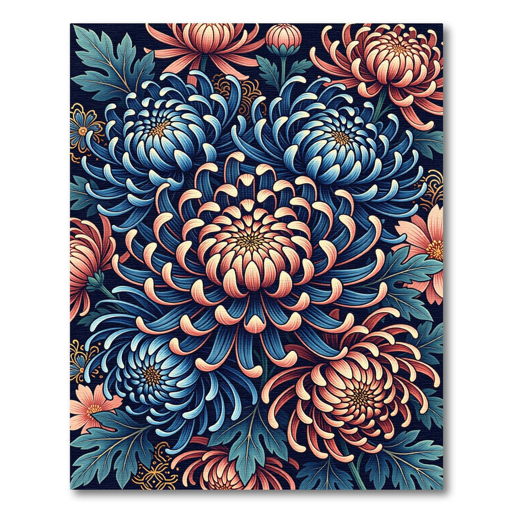 Vibrant Blue and Coral Chrysanthemum Garden Rug