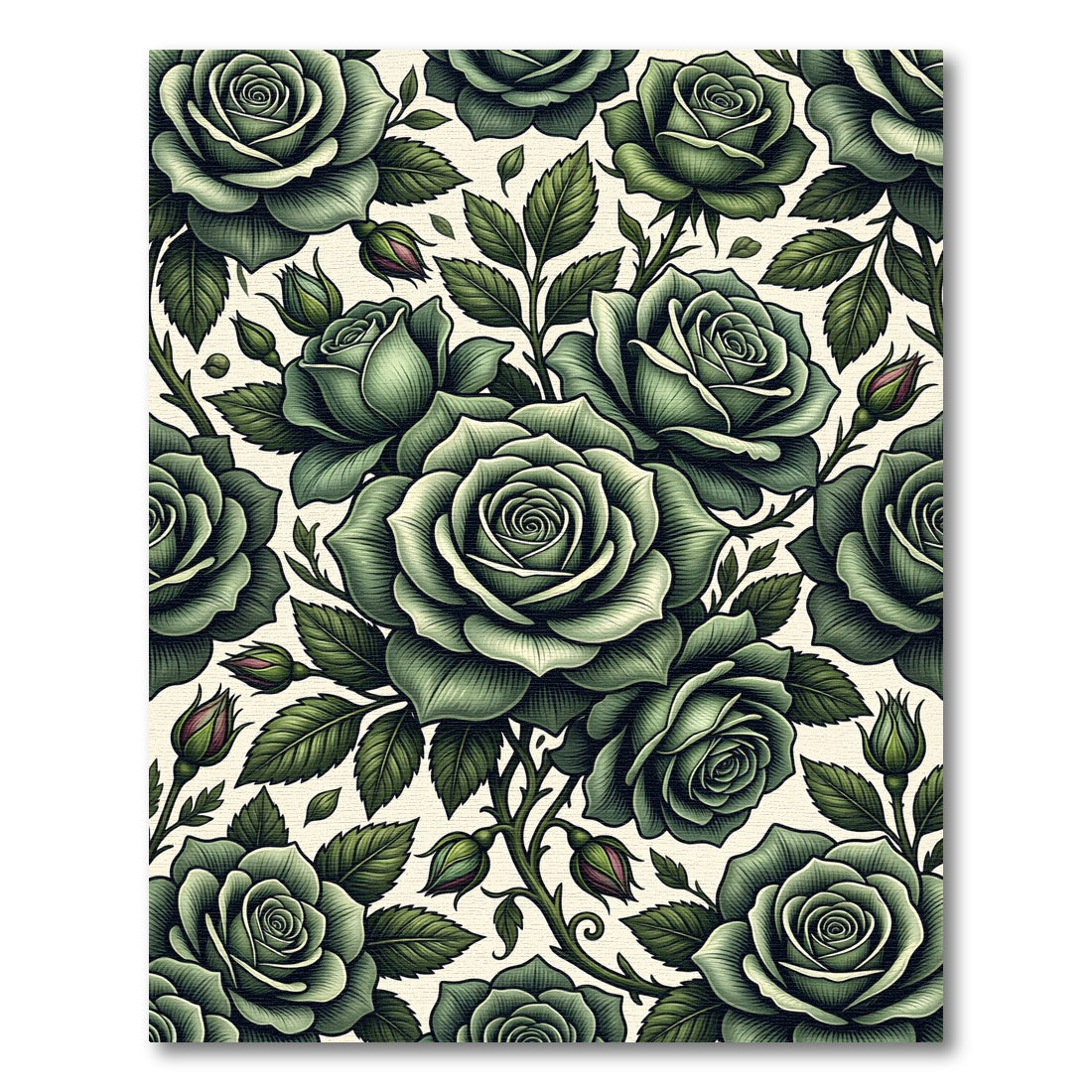 Elegant Sage Green Rose Floral Illustration Rug