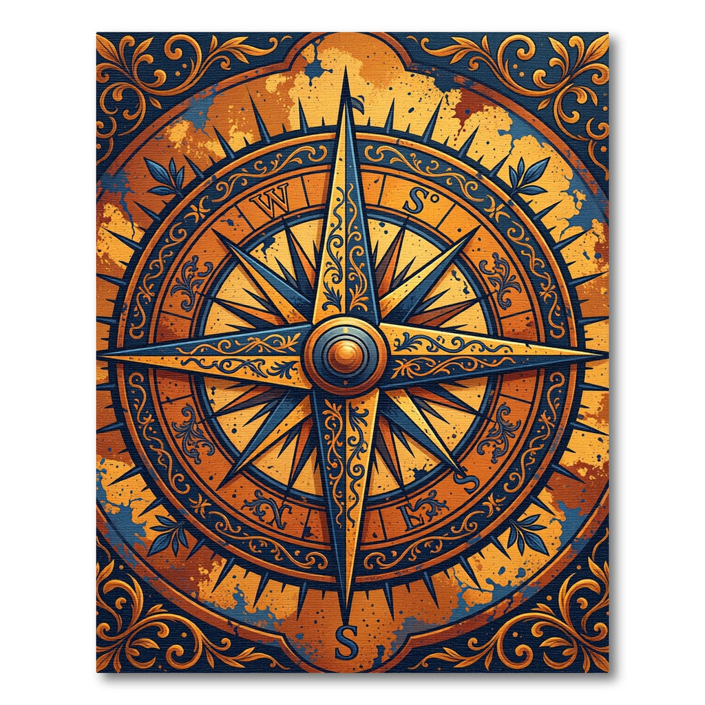 Nautical Orange Blue Compass Rose Rug