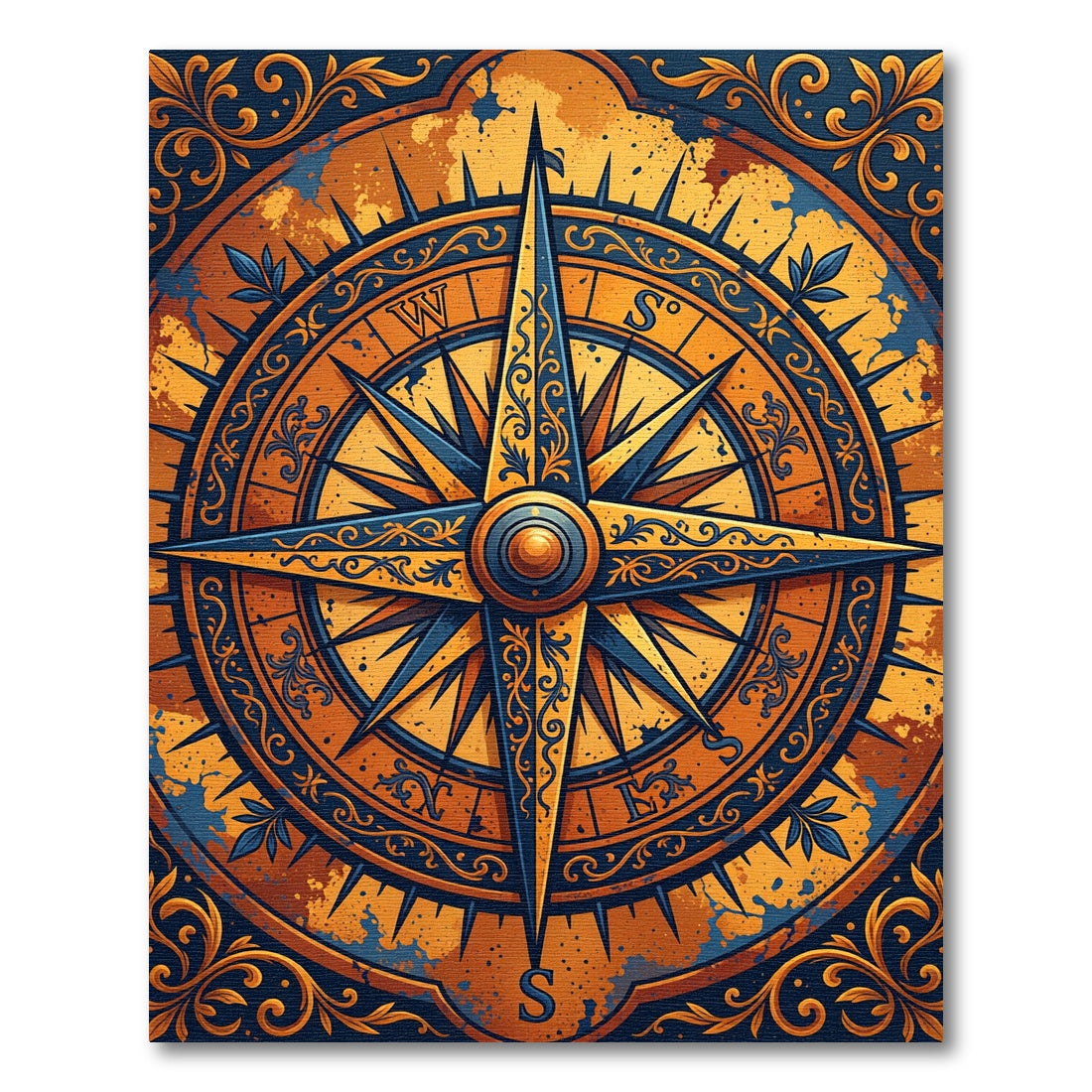 Nautical Orange Blue Compass Rose Rug