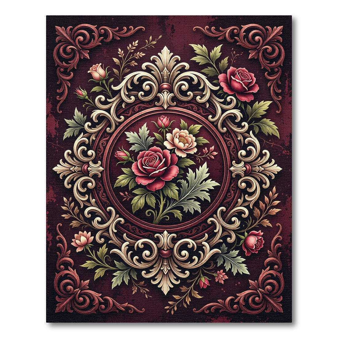 Ornate Crimson Rose Filigree Medallion Rug